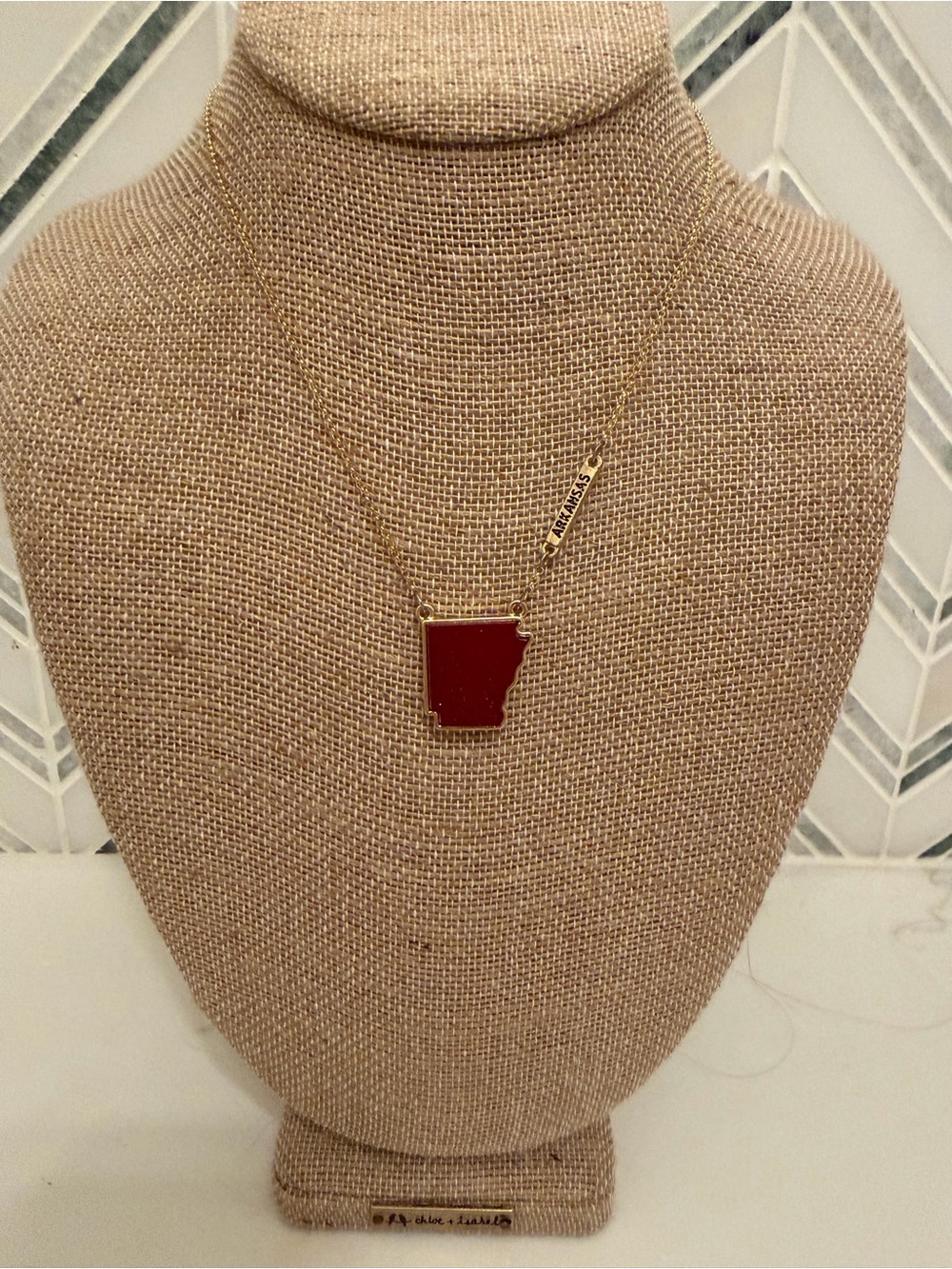 Gold Arkansas State Pendant Necklace with Red Inlay